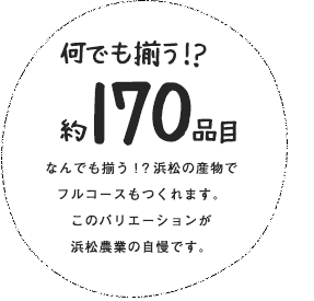 何でも揃う!?  ズラリ177品目 なんでも揃う！？浜松の産物でフルコースもつくれます。このバリエーションが浜松農業の自慢です。